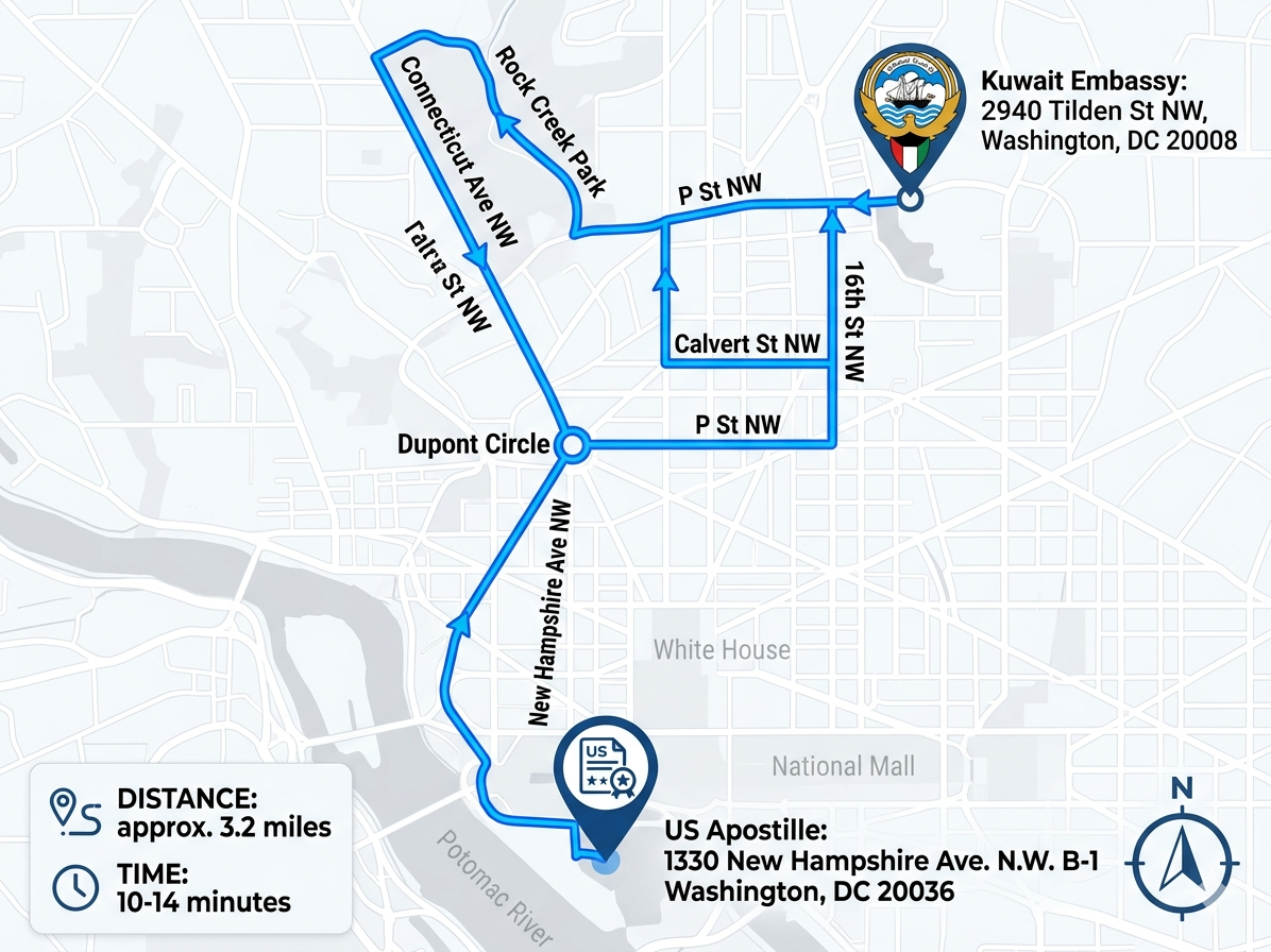 Map of Kuwait Embassy Legalization Services in Washington D.C